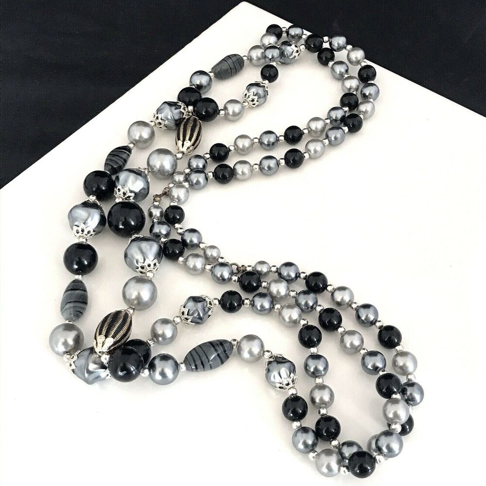 Vintage 1980s Long Beaded Necklace Simulated Pearls Black Silver - 6X
